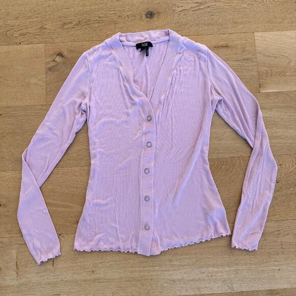 Paige - V Neck Button Front Long Sleeve Ribbed Cardigan in Pink - Picture 1 of 4